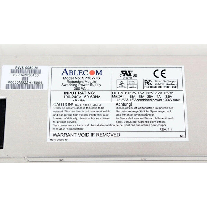 Ablecom SP382-TS 380W Switching Power Supply, SuperMicro P/N: PWS-0050-M 3701195209847-FoxTI