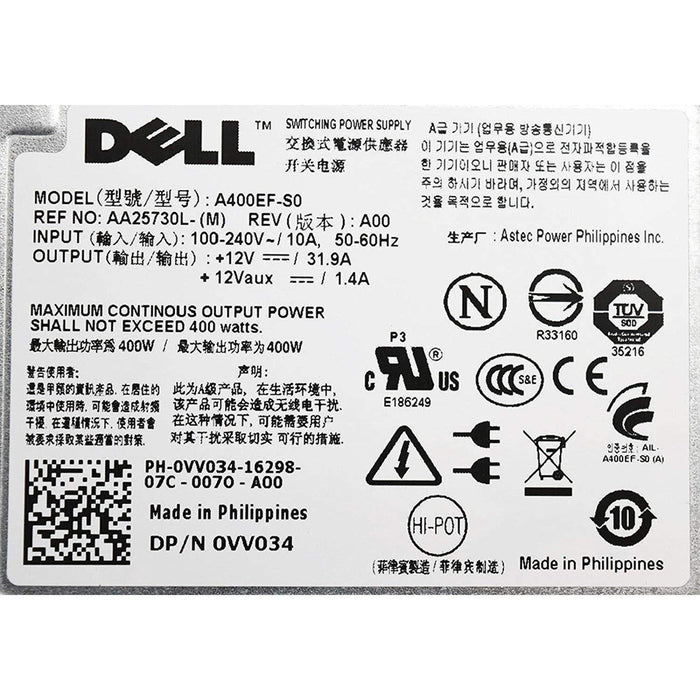 FOR DELL VV034 Genuine Dell PowerEdge T310 Tower Server 400W Redundant Hot Swappable Power Supply Unit A400EF-S0 AA25730L D400EF-S0 DPS-400AB N884K-FoxTI