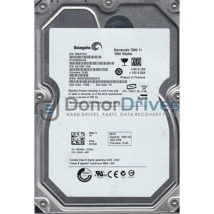 ST31500341AS, 9VS, TK, PN 9JU138-034, FW CC4G, Seagate 1.5TB SATA 3.5 Hard Drive-FoxTI